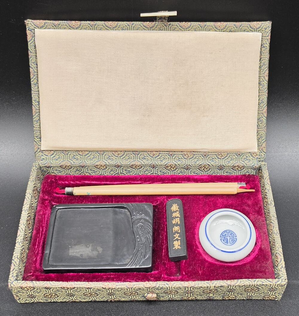 Vintage Chinese Calligraphy Set Ink Stone Stick Brushes Dish Boxed Complete Nice